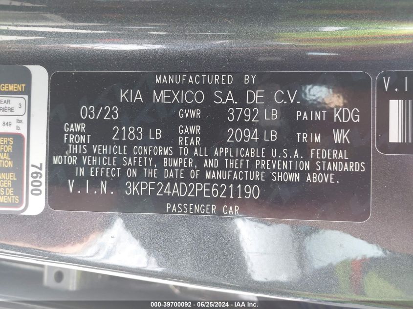 2023 Kia Forte Lx/Lxs VIN: 3KPF24AD2PE621190 Lot: 39700092