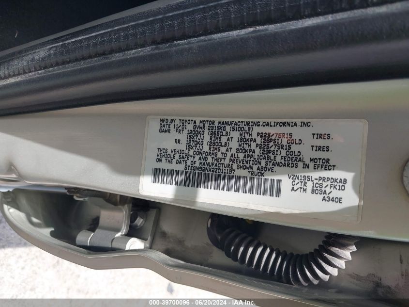 2002 Toyota Tacoma Prerunner V6 VIN: 5TEGN92NX2Z011197 Lot: 39700096