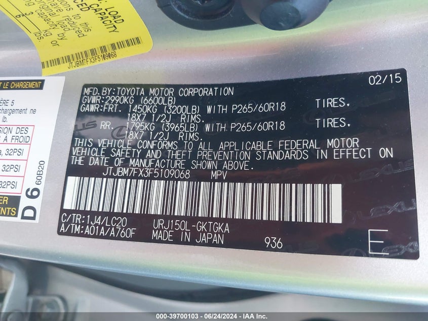 2015 LEXUS 460 - JTJBM7FX3F5109068