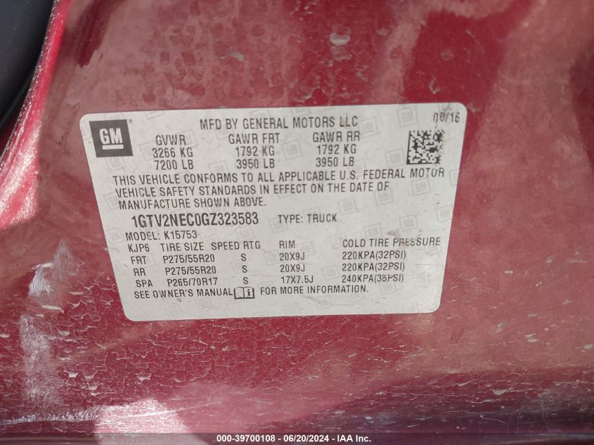 2016 GMC Sierra K1500 Slt VIN: 1GTV2NEC0GZ323583 Lot: 39700108