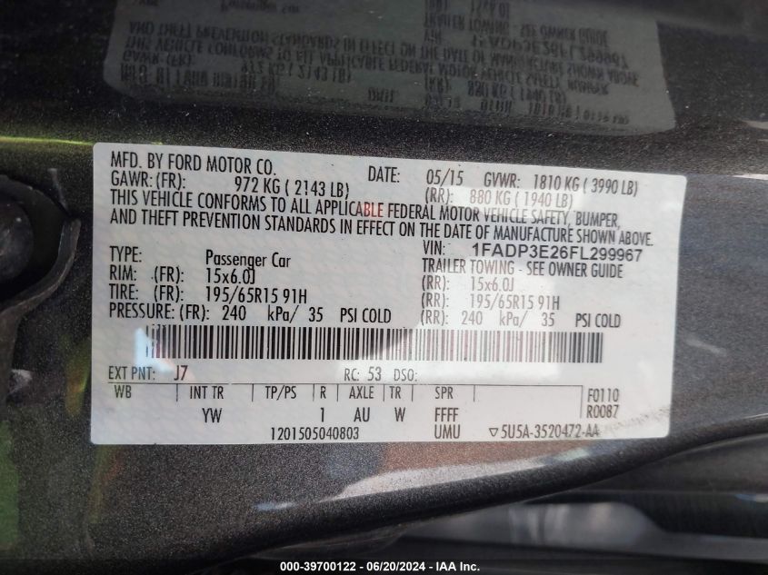 2015 Ford Focus S VIN: 1FADP3E26FL299967 Lot: 39700122