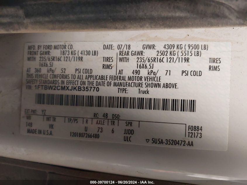 2018 Ford Transit-350 VIN: 1FTBW2CMXJKB35770 Lot: 39700124