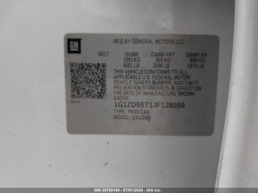 2018 Chevrolet Malibu Lt VIN: 1G1ZD5ST1JF128559 Lot: 39700145