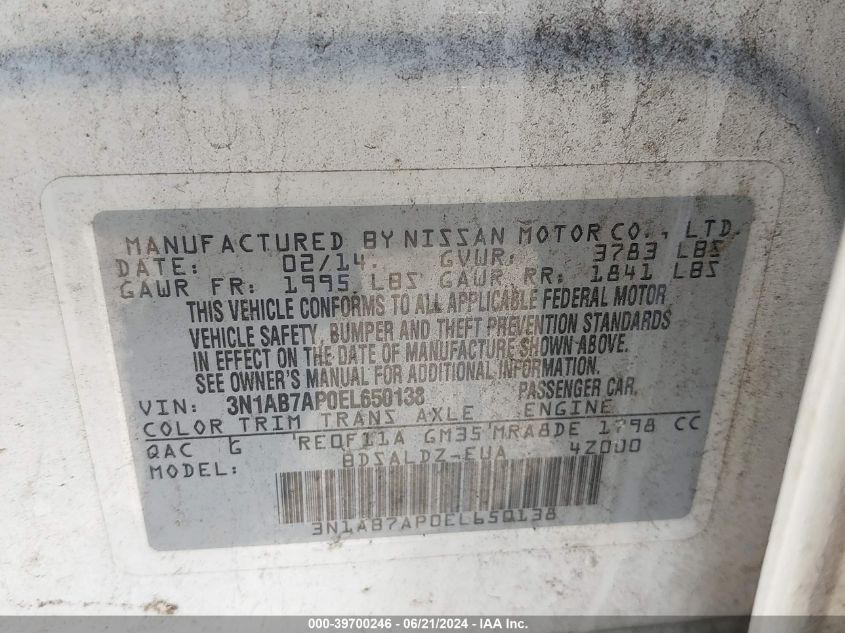 2014 Nissan Sentra Fe+ S/Fe+ Sv/S/Sl/Sr/Sv VIN: 3N1AB7AP0EL650138 Lot: 39700246