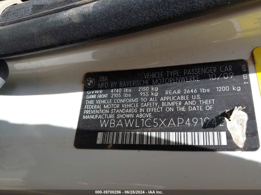 2010 BMW 328I VIN: WBAWL1C5XAP491942 Lot: 39700256