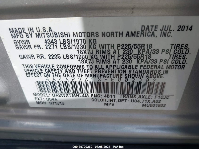 2015 Mitsubishi Outlander Sport Es VIN: 4A4AP3AU3FE002302 Lot: 39700260