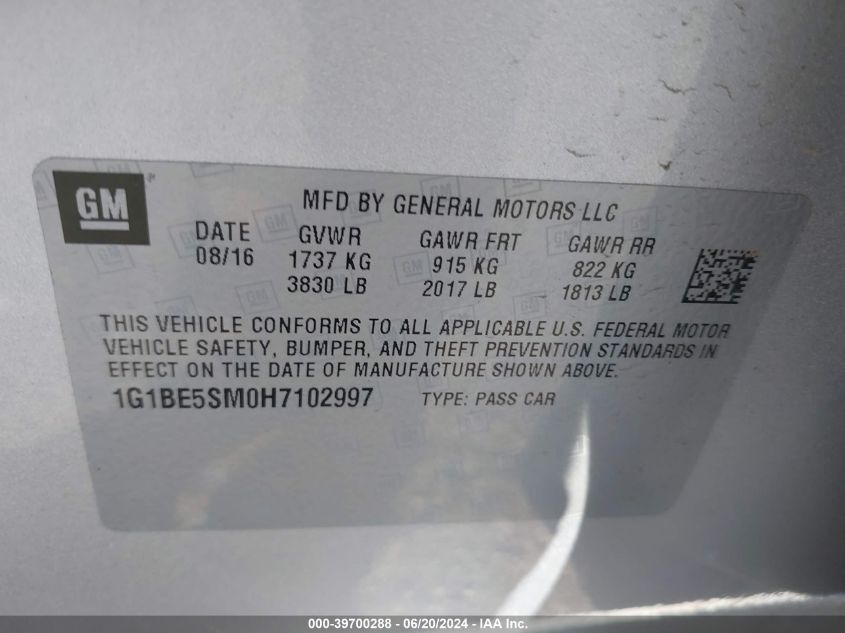 2017 Chevrolet Cruze Lt Auto VIN: 1G1BE5SM0H7102997 Lot: 39700288