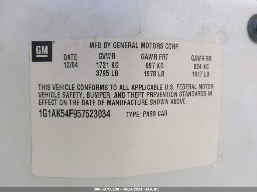 2005 Chevrolet Cobalt VIN: 1G1AK54F957523034 Lot: 39700290
