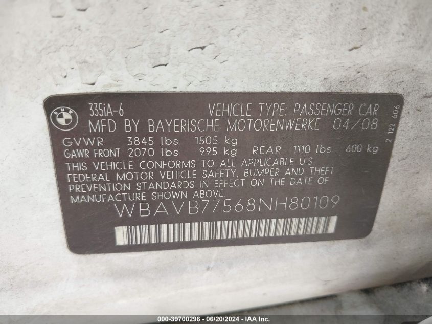 2008 BMW 335I VIN: WBAVB77568NH80109 Lot: 39700296