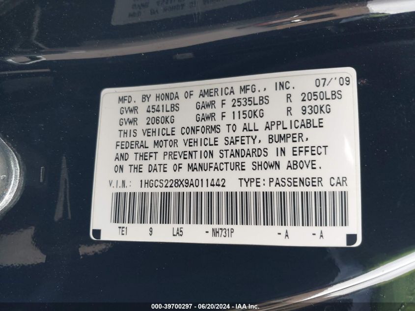 2009 Honda Accord Exl VIN: 1HGCS228X9A011442 Lot: 39700297