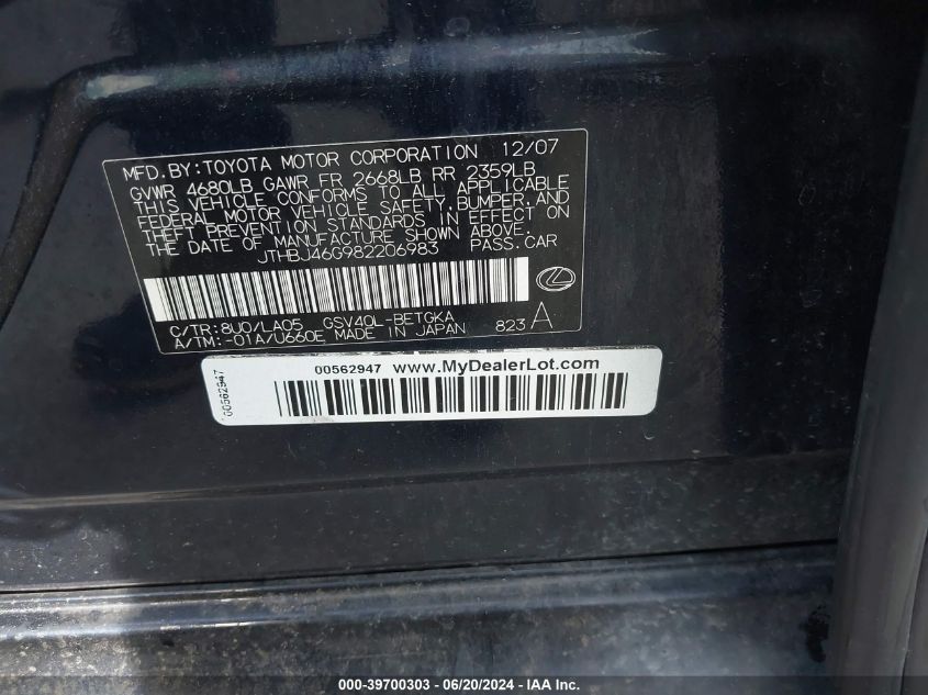 JTHBJ46G982206983 2008 Lexus Es 350 Base (A6)