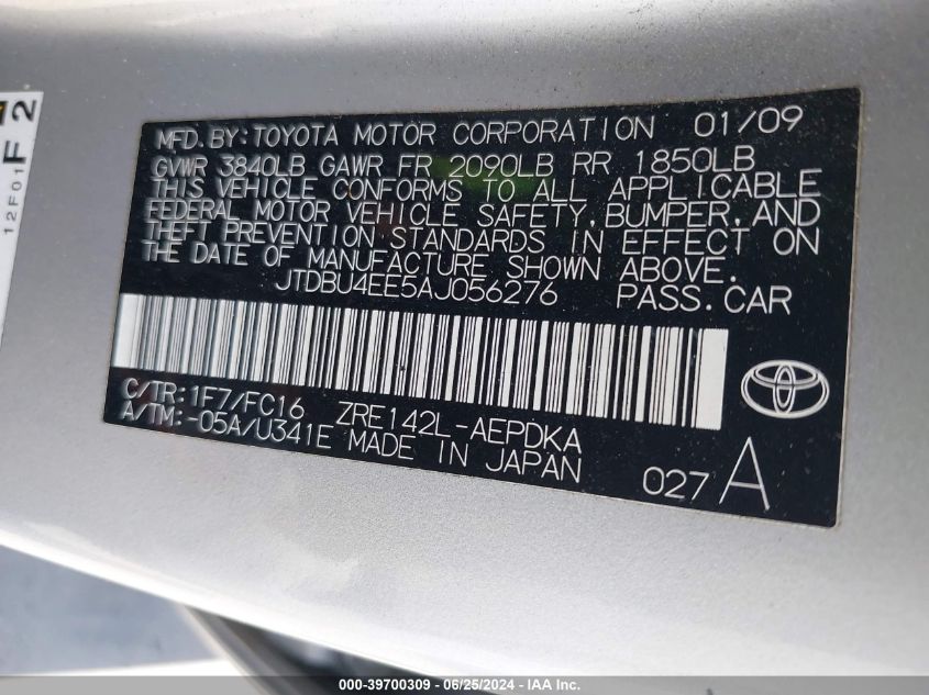 2010 Toyota Corolla Le VIN: JTDBU4EE5AJ056276 Lot: 39700309