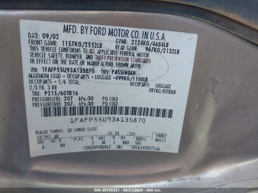 2003 Ford Taurus Ses VIN: 1FAFP55U93A135870 Lot: 39700321