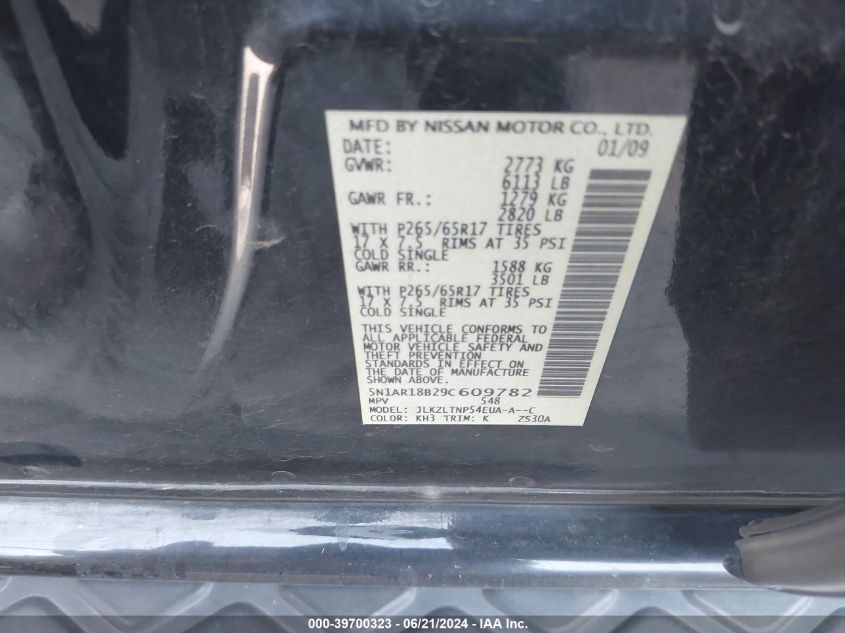 2009 Nissan Pathfinder S/Le/Se VIN: 5N1AR18B29C609782 Lot: 39700323