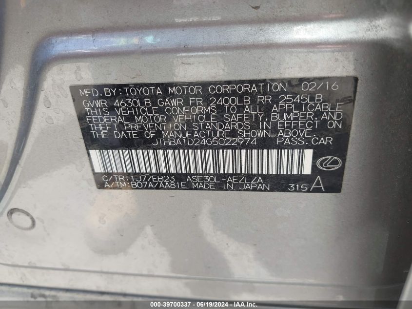 2016 Lexus Is 200T VIN: JTHBA1D24G5022974 Lot: 39700337