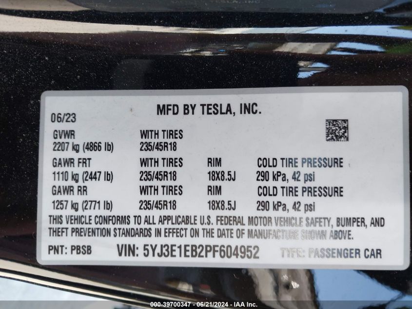 2023 TESLA MODEL 3 LONG RANGE DUAL MOTOR ALL-WHEEL DRIVE - 5YJ3E1EB2PF604952