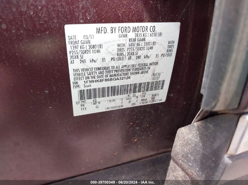 2011 Ford Explorer Limited VIN: 1FMHK8F86BGA32126 Lot: 39700349