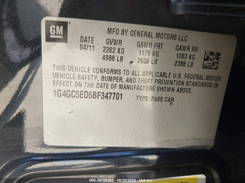 2011 Buick Lacrosse Cxl VIN: 1G4GC5ED6BF347701 Lot: 39700363