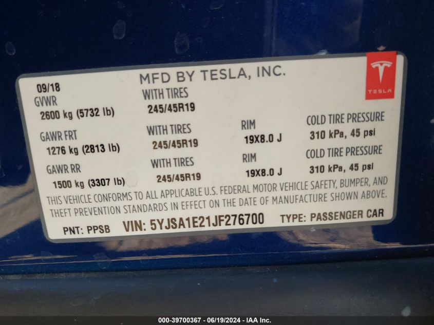 2018 Tesla Model S 100D/75D/P100D VIN: 5YJSA1E21JF276700 Lot: 39700367