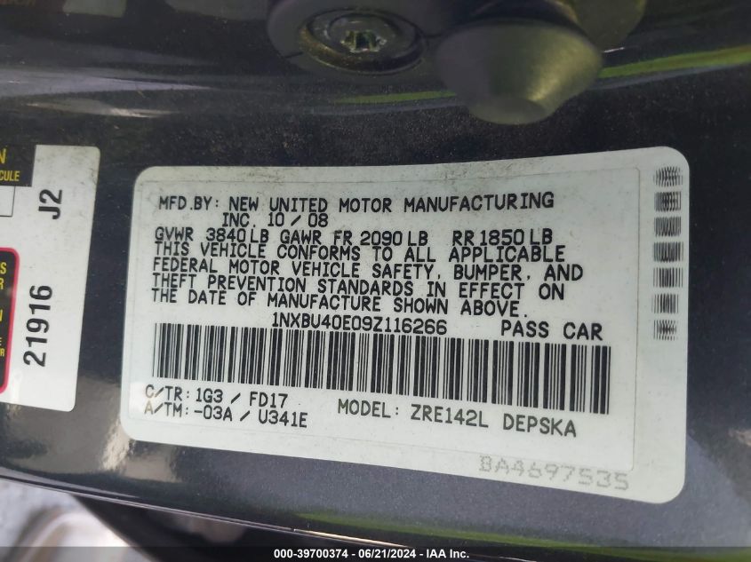 2009 Toyota Corolla S/Le/Xle VIN: 1NXBU40E09Z116266 Lot: 39700374