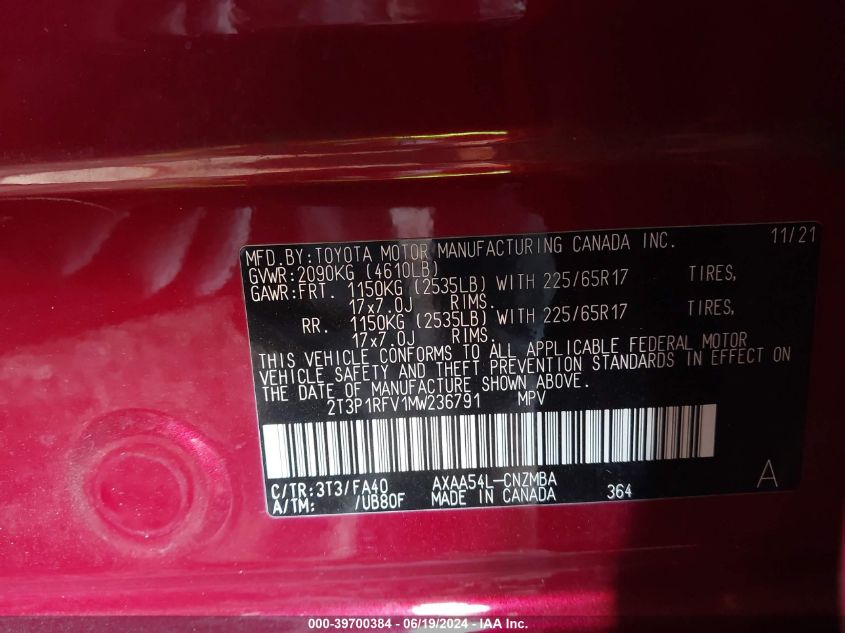 2021 Toyota Rav4 Xle VIN: 2T3P1RFV1MW236791 Lot: 39700384