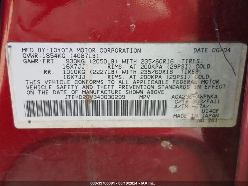 2004 Toyota Rav4 VIN: JTEHD20V340030299 Lot: 39700391