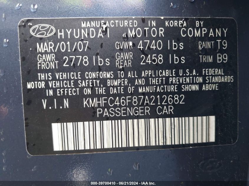 2007 Hyundai Azera Limited/Se VIN: KMHFC46F87A212682 Lot: 39700410