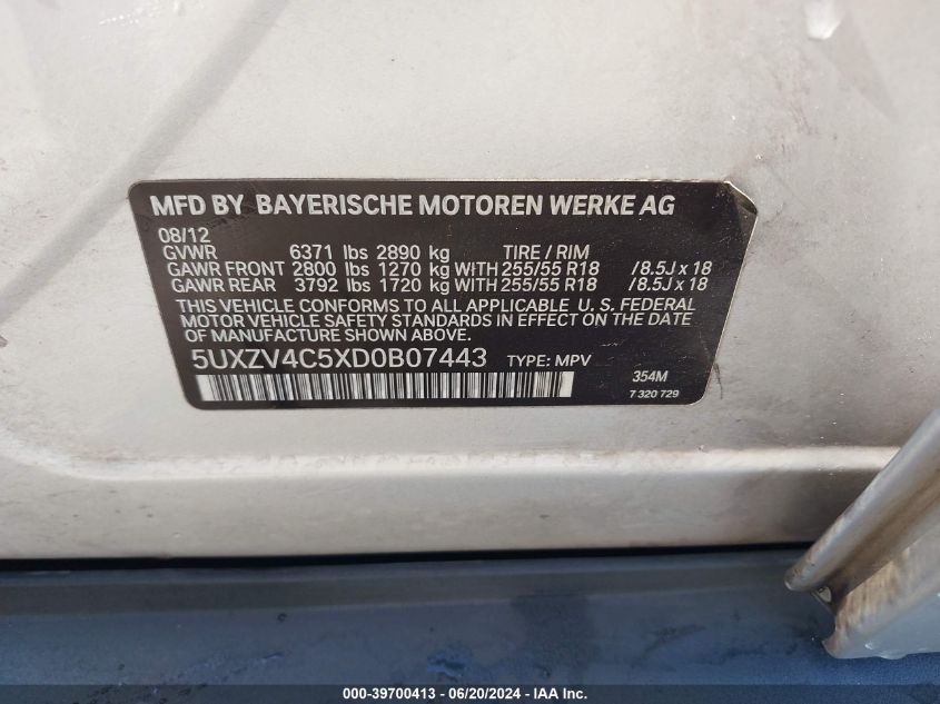 2013 BMW X5 xDrive35I VIN: 5UXZV4C5XD0B07443 Lot: 39700413