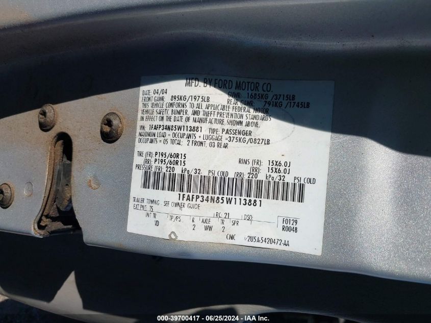 2005 Ford Focus Zx4 VIN: 1FAFP34N85W113881 Lot: 39700417