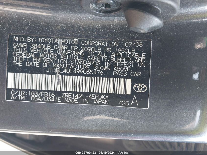 2009 Toyota Corolla Le VIN: JTDBL40E499065476 Lot: 39700423