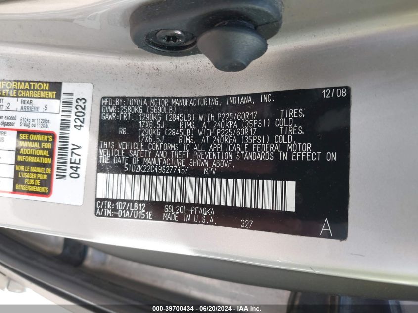 2009 Toyota Sienna Limited VIN: 5TDZK22C49S277457 Lot: 39700434
