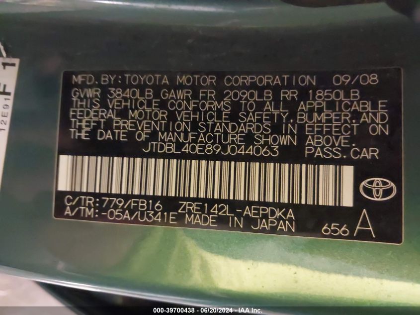 2009 Toyota Corolla Le VIN: JTDBL40E89J044063 Lot: 39700438