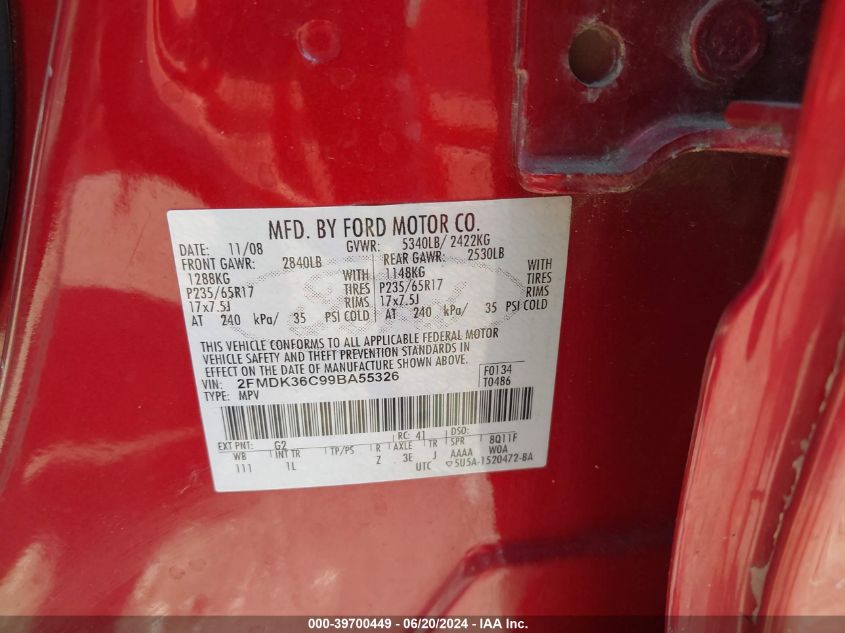 2009 Ford Edge Se VIN: 2FMDK36C99BA55326 Lot: 39700449