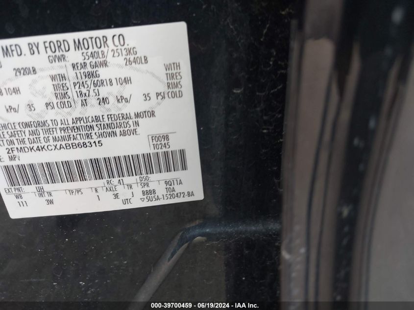 2010 Ford Edge Limited VIN: 2FMDK4KCXABB68315 Lot: 39700459