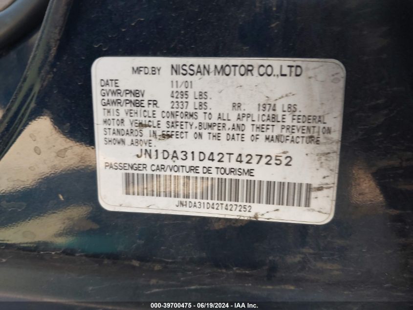 2002 Nissan Maxima Gle VIN: JN1DA31D42T427252 Lot: 39700475