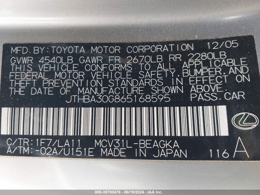 2006 Lexus Es 330 VIN: JTHBA30G865168595 Lot: 39700476