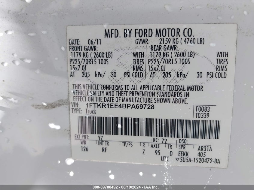 2011 Ford Ranger Xlt VIN: 1FTKR1EE4BPA69728 Lot: 39700492