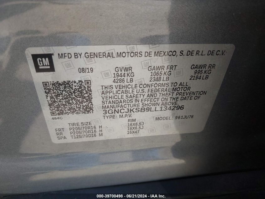 2020 Chevrolet Trax Ls VIN: 3GNCJKSB9LL134296 Lot: 39700498