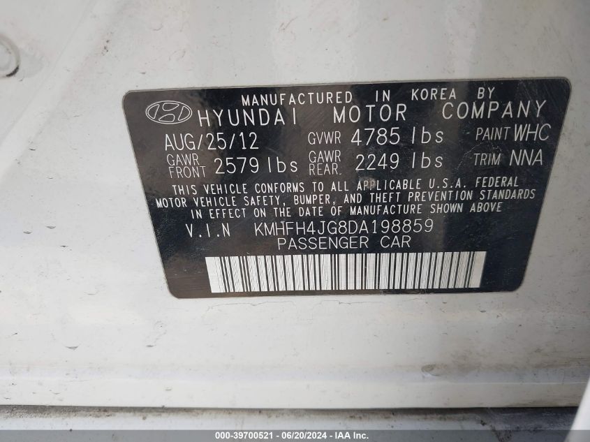 2013 Hyundai Azera VIN: KMHFH4JG8DA198859 Lot: 39700521