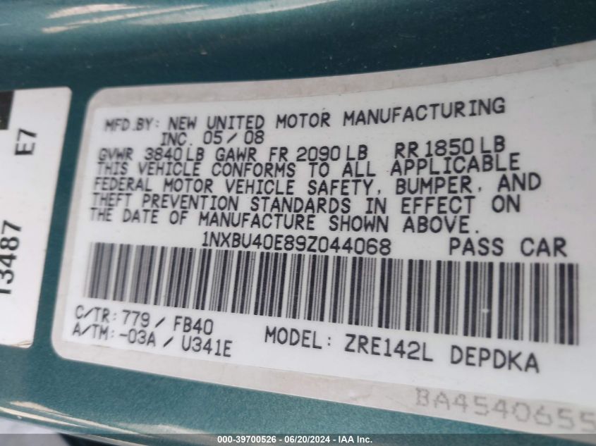 2009 Toyota Corolla Le VIN: 1NXBU40E89Z044068 Lot: 39700526