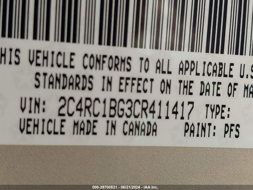 2012 Chrysler Town & Country Touring VIN: 2C4RC1BG3CR411417 Lot: 39700531