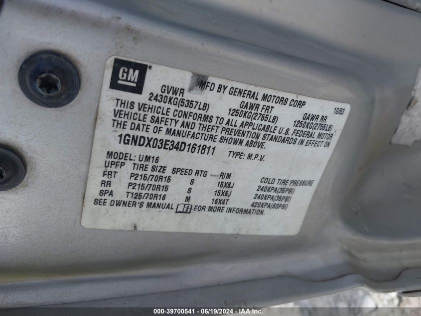 2004 Chevrolet Venture Ls VIN: 1GNDX03E34D161811 Lot: 39700541