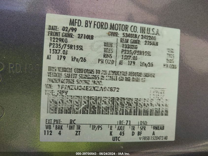1999 Ford Explorer Eddie Bauer/Limited/Xlt VIN: 1FMZU34E2XZA94872 Lot: 39700543