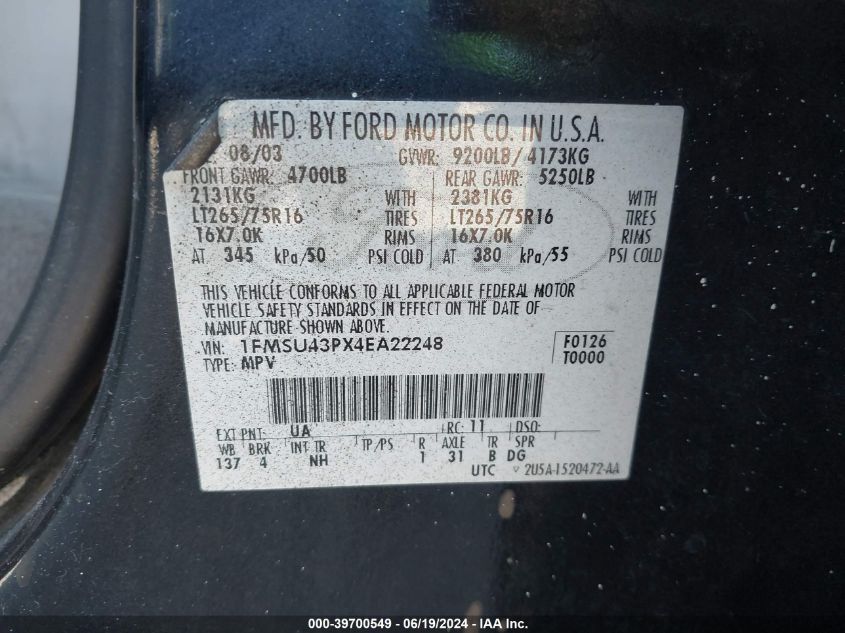 2004 Ford Excursion Limited VIN: 1FMSU43PX4EA22248 Lot: 39700549