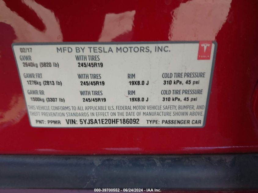 2017 Tesla Model S 100D/60D/75D/90D/P100D VIN: 5YJSA1E20HF186092 Lot: 39700552