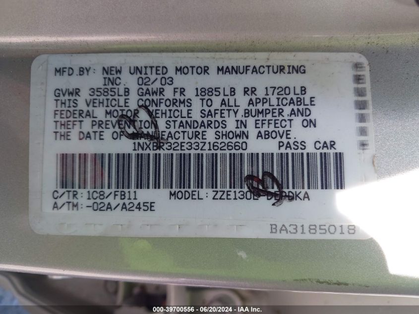 2003 Toyota Corolla Ce/Le/S VIN: 1NXBR32E33Z162660 Lot: 39700556