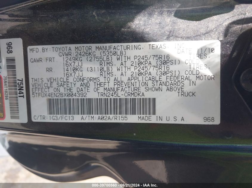 2011 Toyota Tacoma VIN: 5TFUX4EN2BX004392 Lot: 39700560