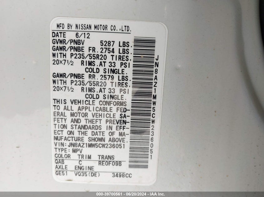 2012 Nissan Murano Le VIN: JN8AZ1MW5CW236051 Lot: 39700561