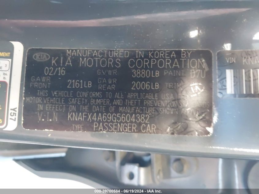 2016 Kia Forte Lx VIN: KNAFX4A69G5604382 Lot: 39700584