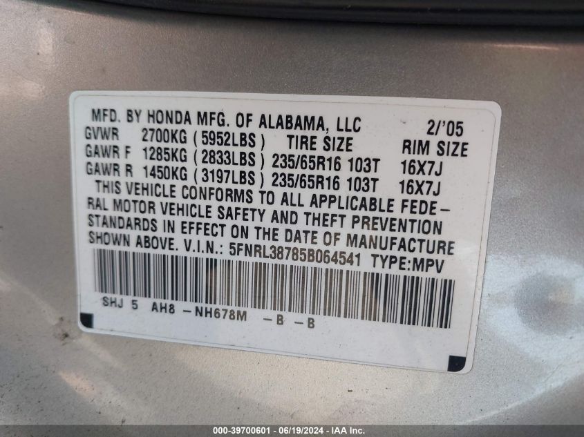 2005 Honda Odyssey Ex-L VIN: 5FNRL38785B064541 Lot: 39700601